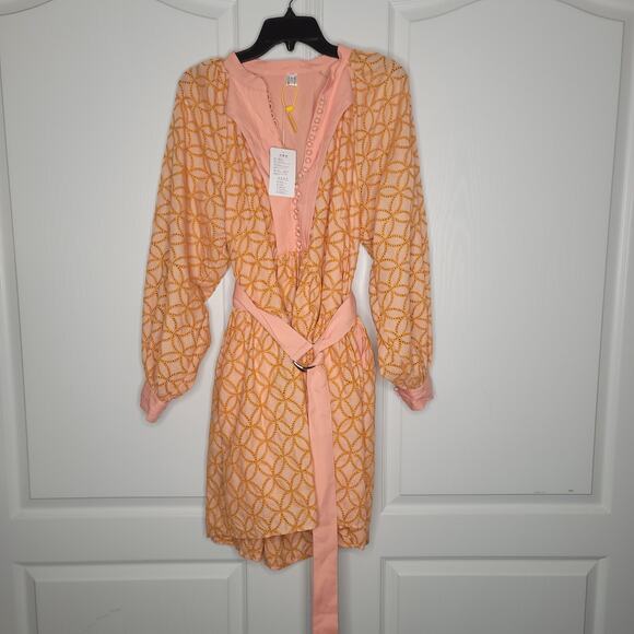 Bohemian Orange Cowgirl Long Lantern Sleeve Swing Mini Dress XL Festival Pockets - Picture 3 of 8